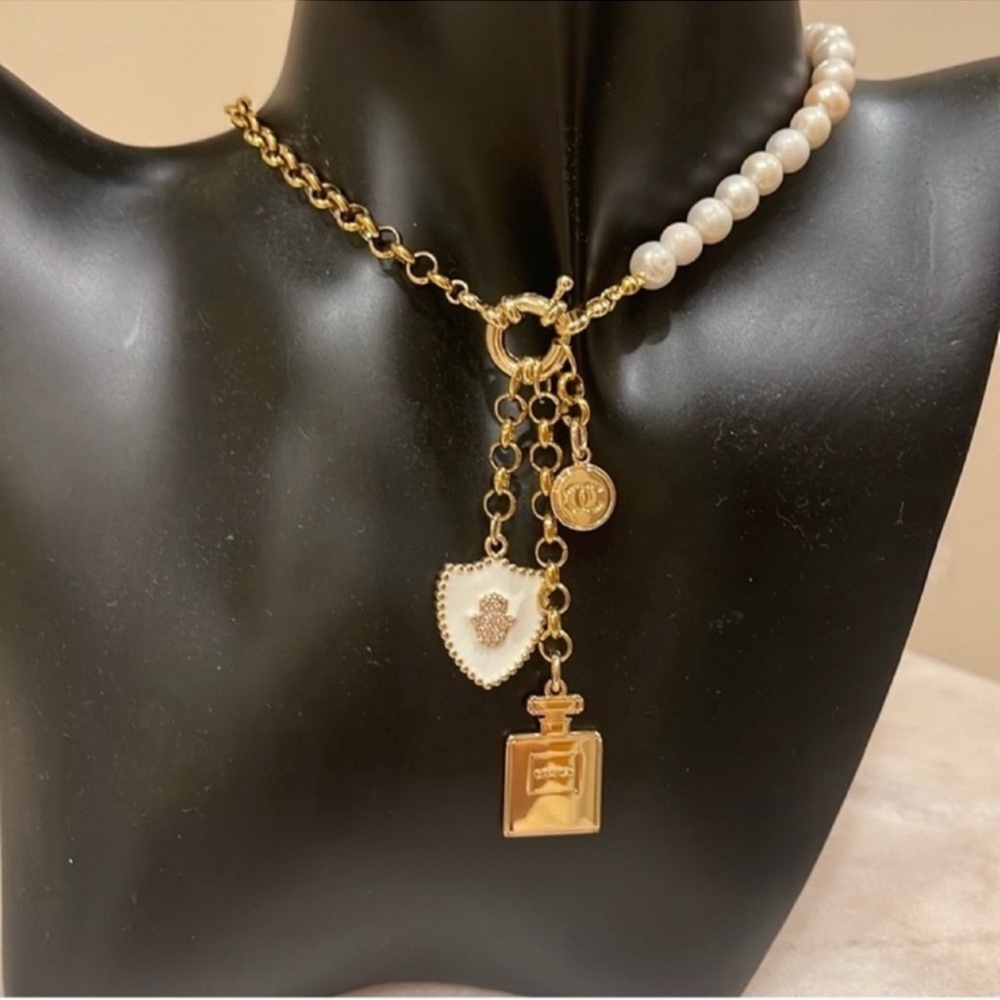 Chanel Holiday Fragrance Charm With Gold and Pearl Necklace